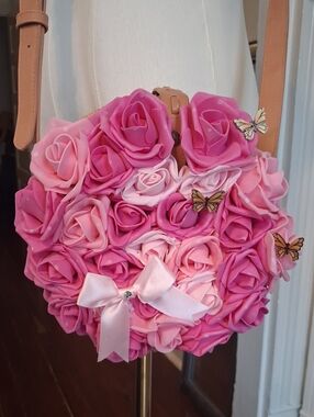 Handcrafted Pink Rose Round Wicker Crossbody Bag Bow Butterfly Cottagecore OS